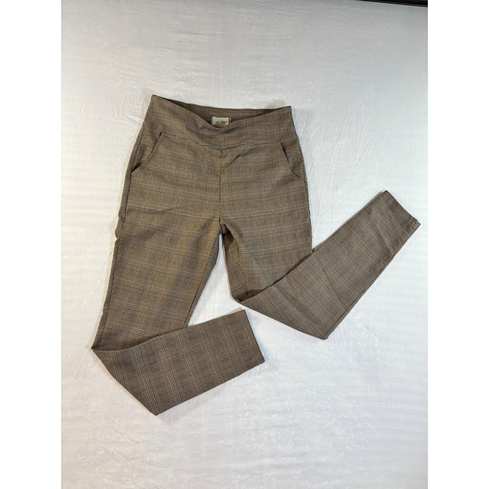 Charlie Paige Brown Check Plaid‎ Pull On Dress Pants Womens Small Slim Leg Ankle